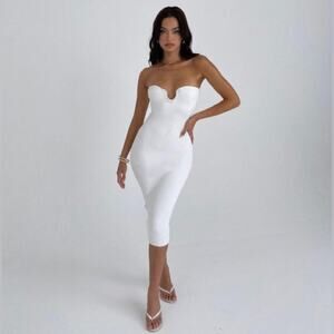 HOUSE OF CB Oriana Sexy Strapless White Ribbed Stretch Bodycon Midi Dress